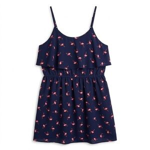 ELLE Navy Blue Flamingo Print Ruffle Flounce Cami SunDress Coastal Preppy Sz L